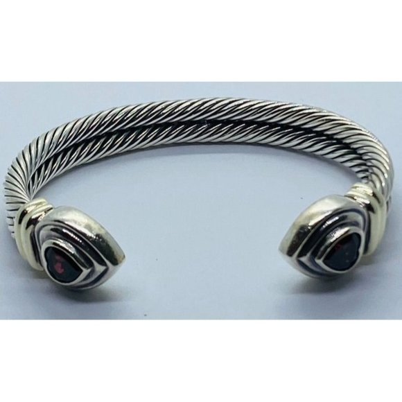 David Yurman 925 & 14KT Yellow Gold Double Cable Garnet Hearts Cuff Bracelet - Picture 1 of 8